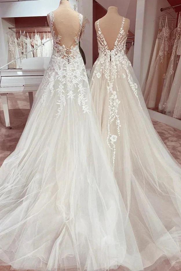 Charming Long A-Line V-neck Appliques Lace Tulle Wedding Dress - Image 2