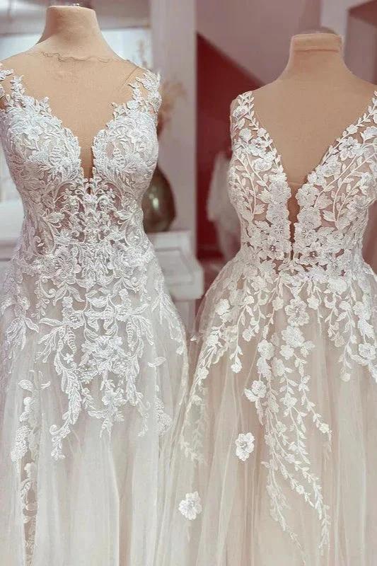 Charming Long A-Line V-neck Appliques Lace Tulle Wedding Dress - Image 3