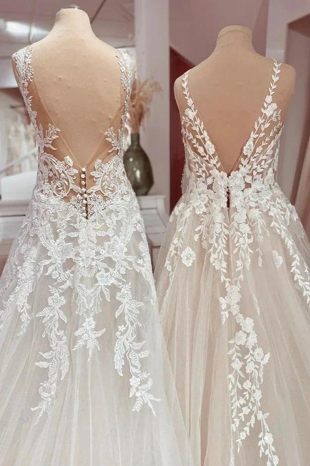 Charming Long A-Line V-neck Appliques Lace Tulle Wedding Dress - Image 4