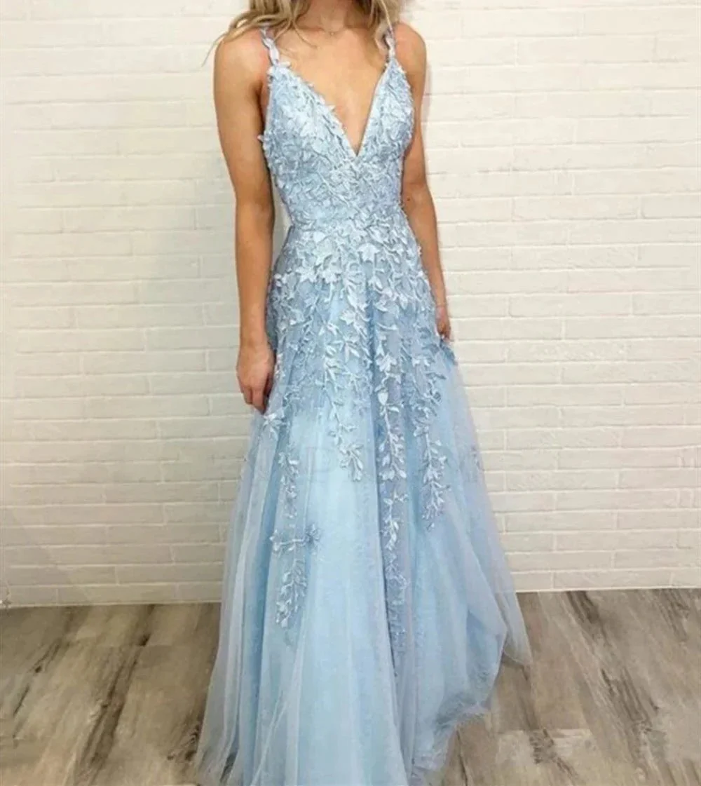 Charming Long A-Line V-neck Spaghetti Straps Tulle Open Back Prom Dress - Image 2