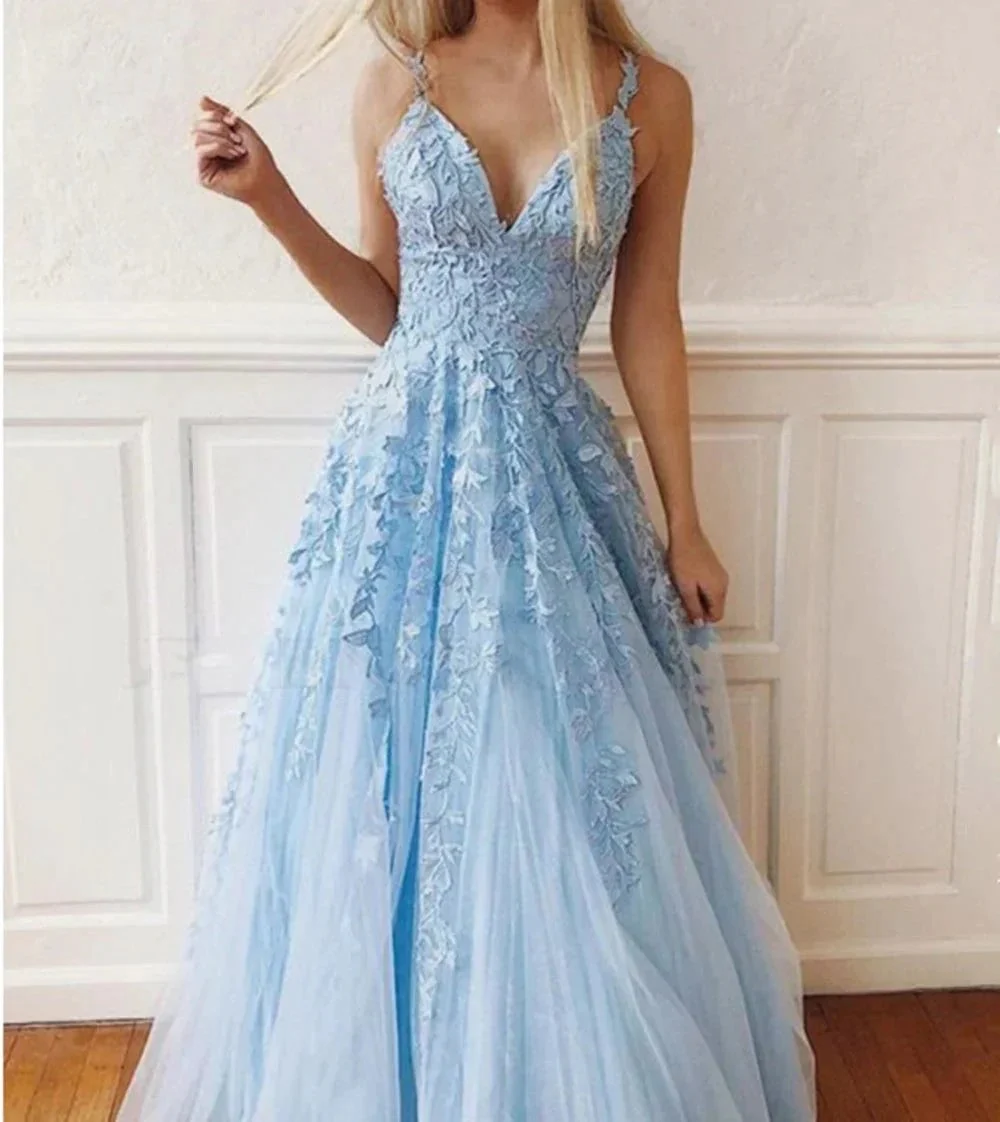 Charming Long A-Line V-neck Spaghetti Straps Tulle Open Back Prom Dress - Image 3