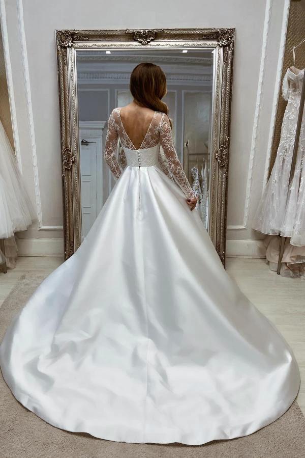 Charming Long A-line White Satin Split Wedding Dresses with Long Sleeves - Image 2