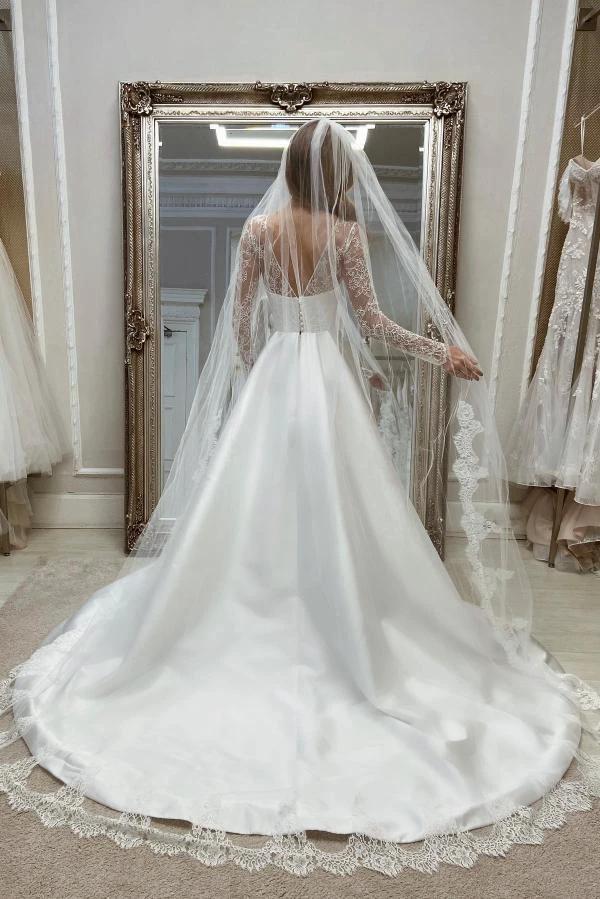 Charming Long A-line White Satin Split Wedding Dresses with Long Sleeves - Image 3