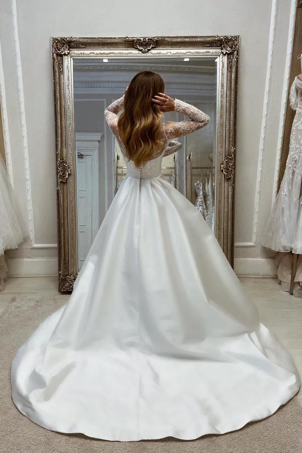 Charming Long A-line White Satin Split Wedding Dresses with Long Sleeves - Image 4