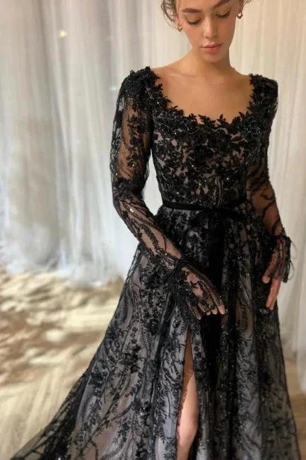 Charming Long Black A-line Lace Glitter Long Sleeves Wedding Dress with Slit - Image 2
