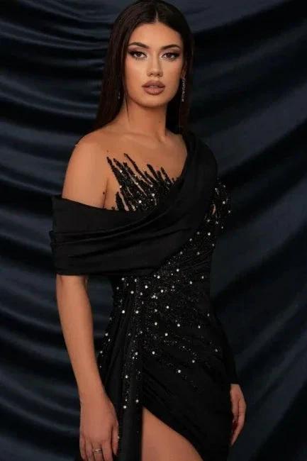 Charming Long Black Lace Beading Split Front Long Sleeve Prom Dress - Image 2