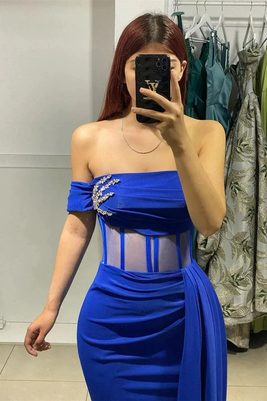 Charming Long Blue Strapless Column Prom Dress With Rhinestone - Image 2