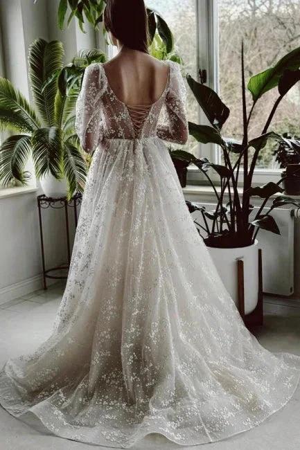 Charming Long Ivory A-line Long Sleeves Lace Wedding Dress With Slit - Image 2
