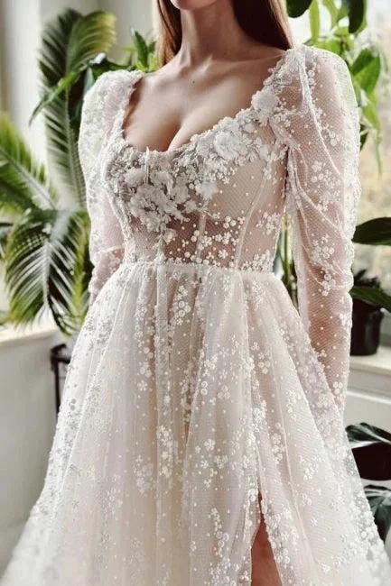 Charming Long Ivory A-line Long Sleeves Lace Wedding Dress With Slit - Image 3