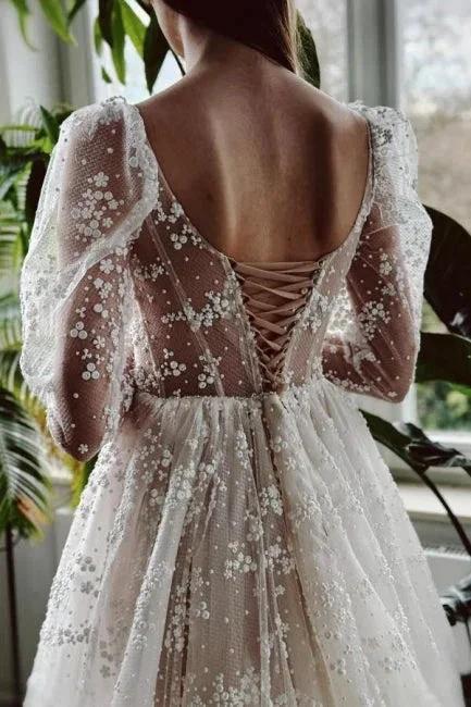 Charming Long Ivory A-line Long Sleeves Lace Wedding Dress With Slit - Image 4