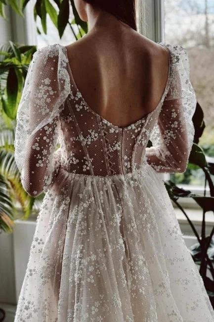Charming Long Ivory A-line Long Sleeves Lace Wedding Dress With Slit - Image 5