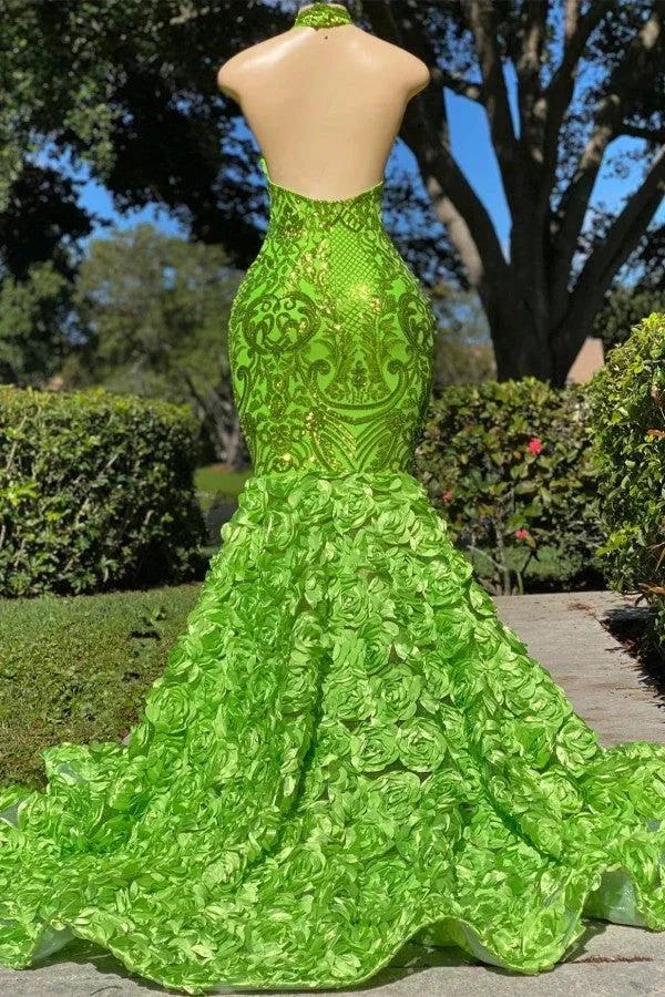 Charming Long Mermaid Halter Satin Lace Backless Prom Dress - Image 2