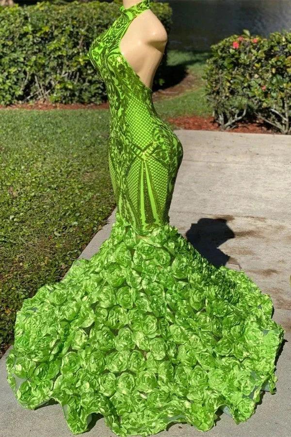 Charming Long Mermaid Halter Satin Lace Backless Prom Dress - Image 3
