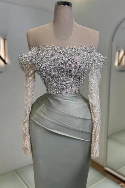 Charming Long Mermaid Off-the-shoulder Lace Glitter Prom Dress with Long Sleeves - Image 2