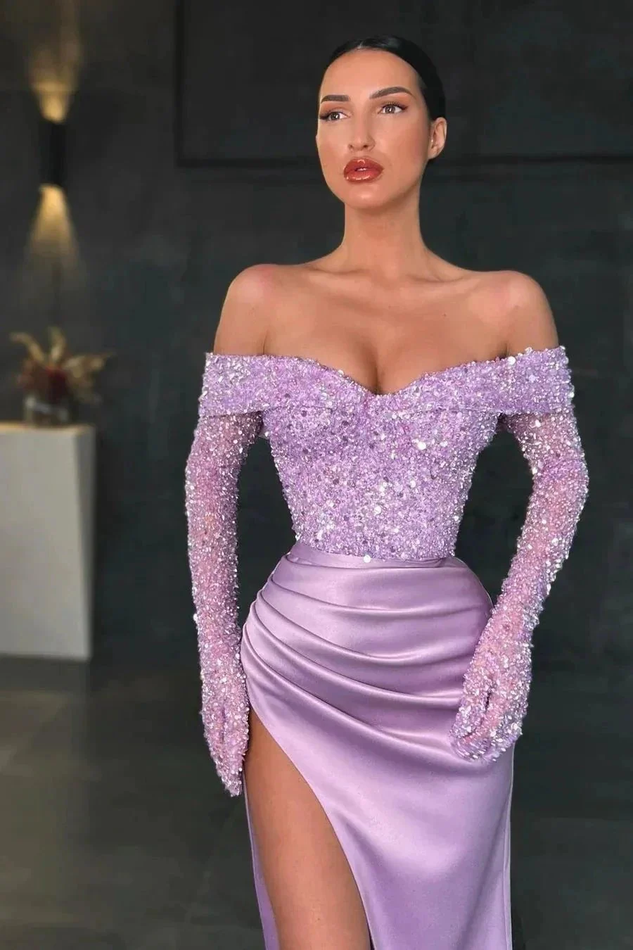 Charming Long Mermaid Off-the-shoulder Long Sleeves Lace Prom Dress With Slit - Image 2