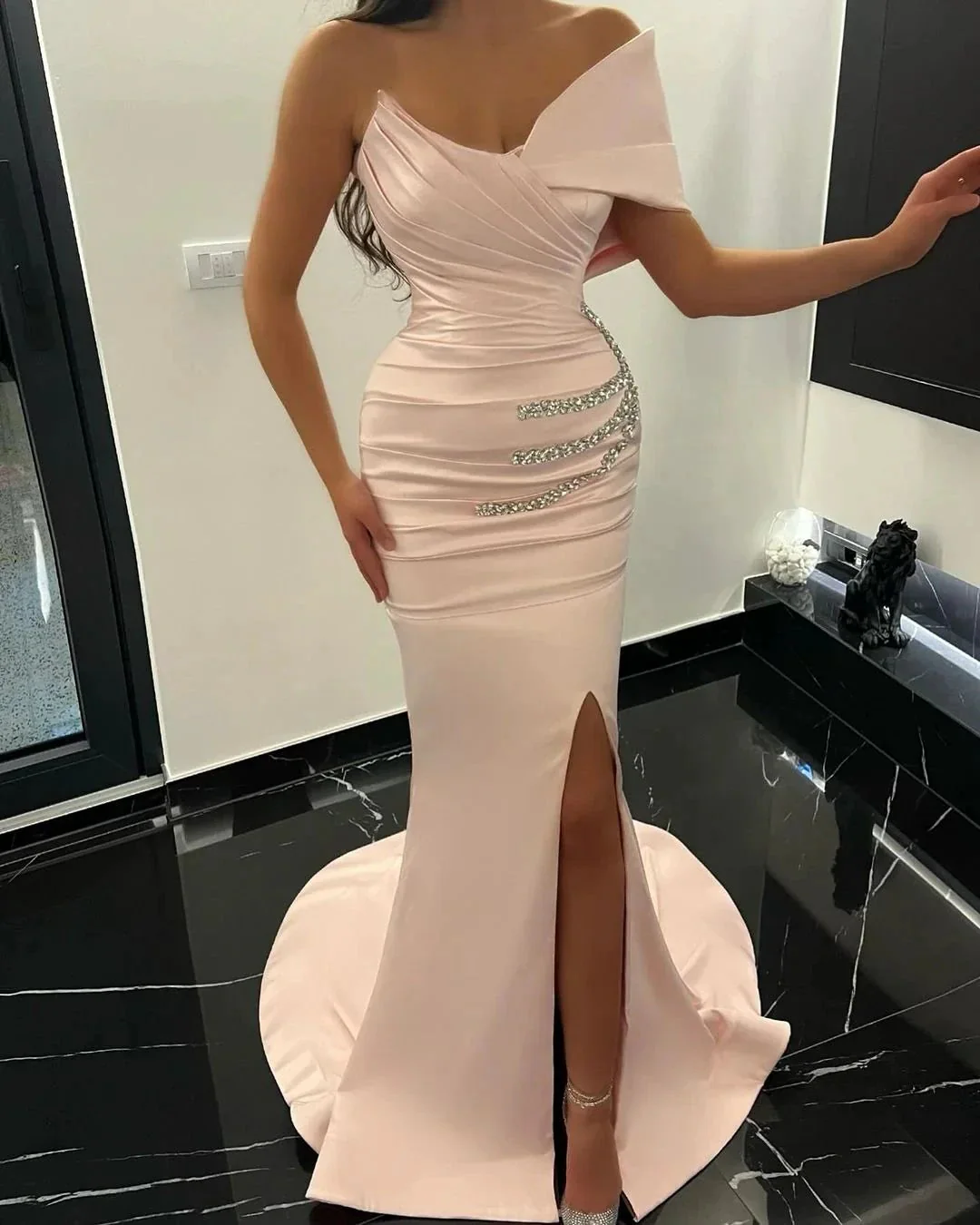 Charming Long Mermaid One Shoulder Satin Rhinestones Prom Dress With Slit - Image 3