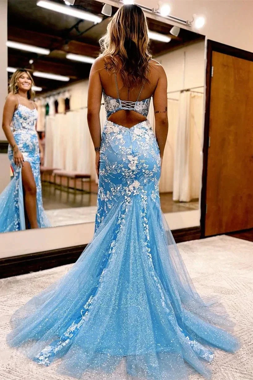 Charming Long Mermaid Spaghetti Straps Lace Sleeveless Prom Dress With Slit - Image 2
