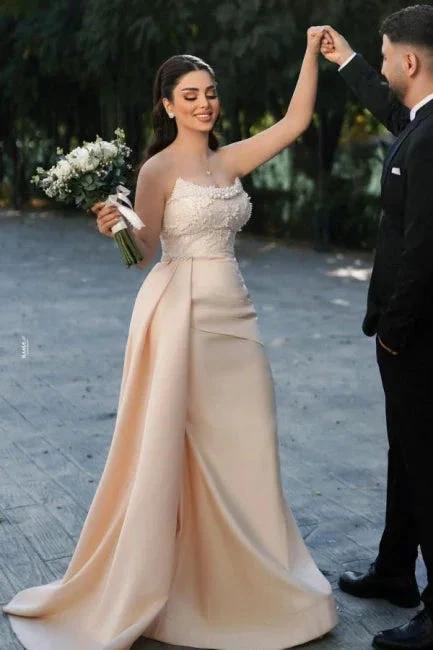 Charming Long Mermaid Strapless Sequined Wedding Dress With Pearls - Image 2