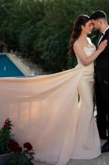 Charming Long Mermaid Strapless Sequined Wedding Dress With Pearls - Image 3