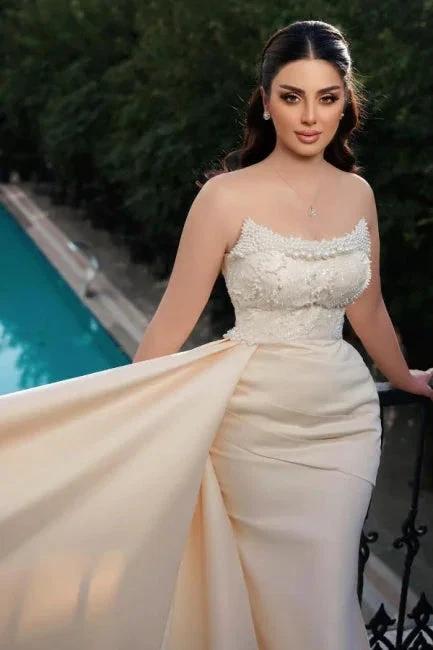 Charming Long Mermaid Strapless Sequined Wedding Dress With Pearls - Image 4