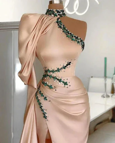 Charming Long One Shoulder Beading Long Sleeve Split Prom Dress With Train - Image 2