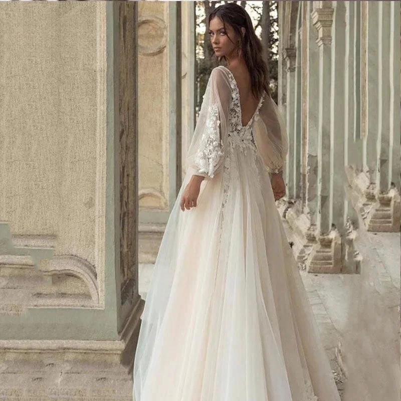 Charming Long Puffy Sleeves Wedding Dresses A-Line V Neck Appliques Open Back Sweep Train Bridal Gown Custom Made - Image 2