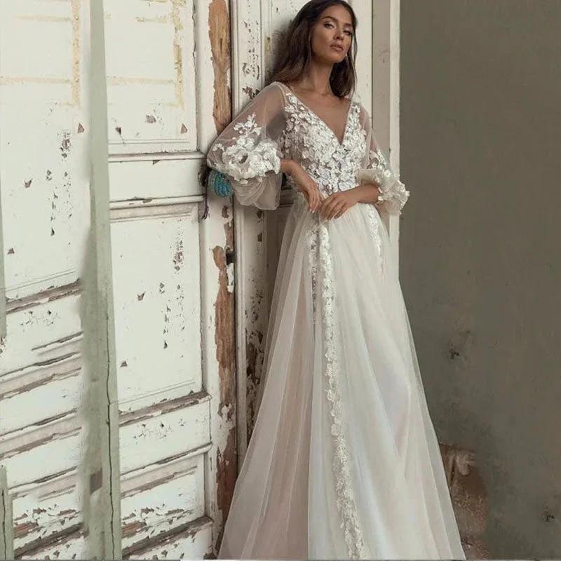 Charming Long Puffy Sleeves Wedding Dresses A-Line V Neck Appliques Open Back Sweep Train Bridal Gown Custom Made - Image 3