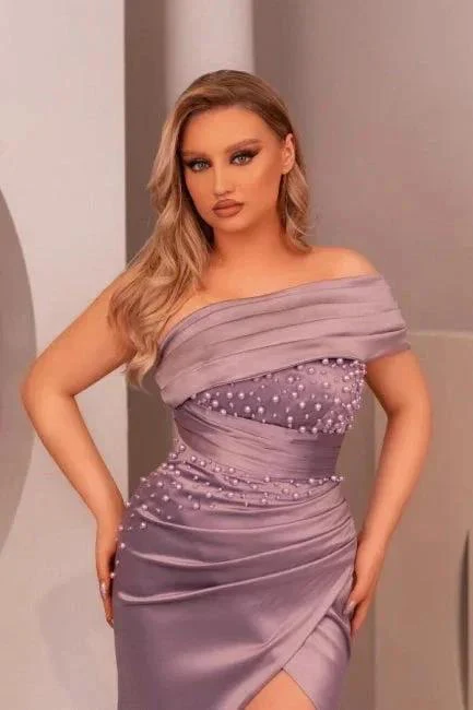 Charming Long Purple Off-the-shoulder Mermaid Sleeveless Pearls Prom Dresses With Slit - Image 2