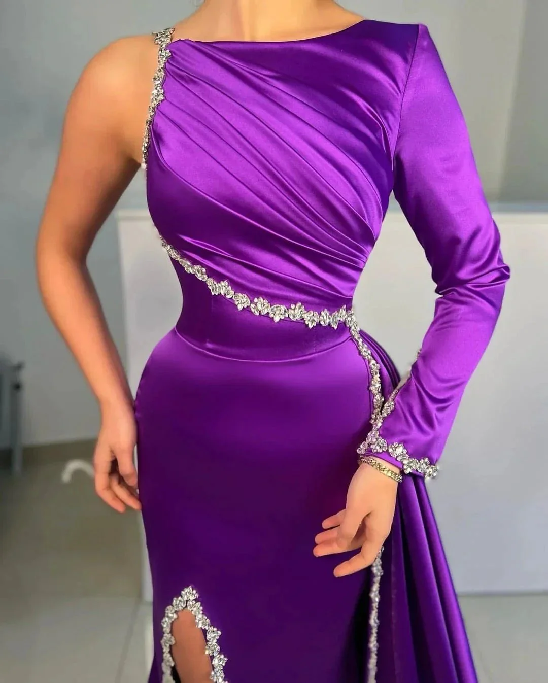 Charming Long Purple Satin Mermaid Prom Dresses With Rhinestone - Image 2