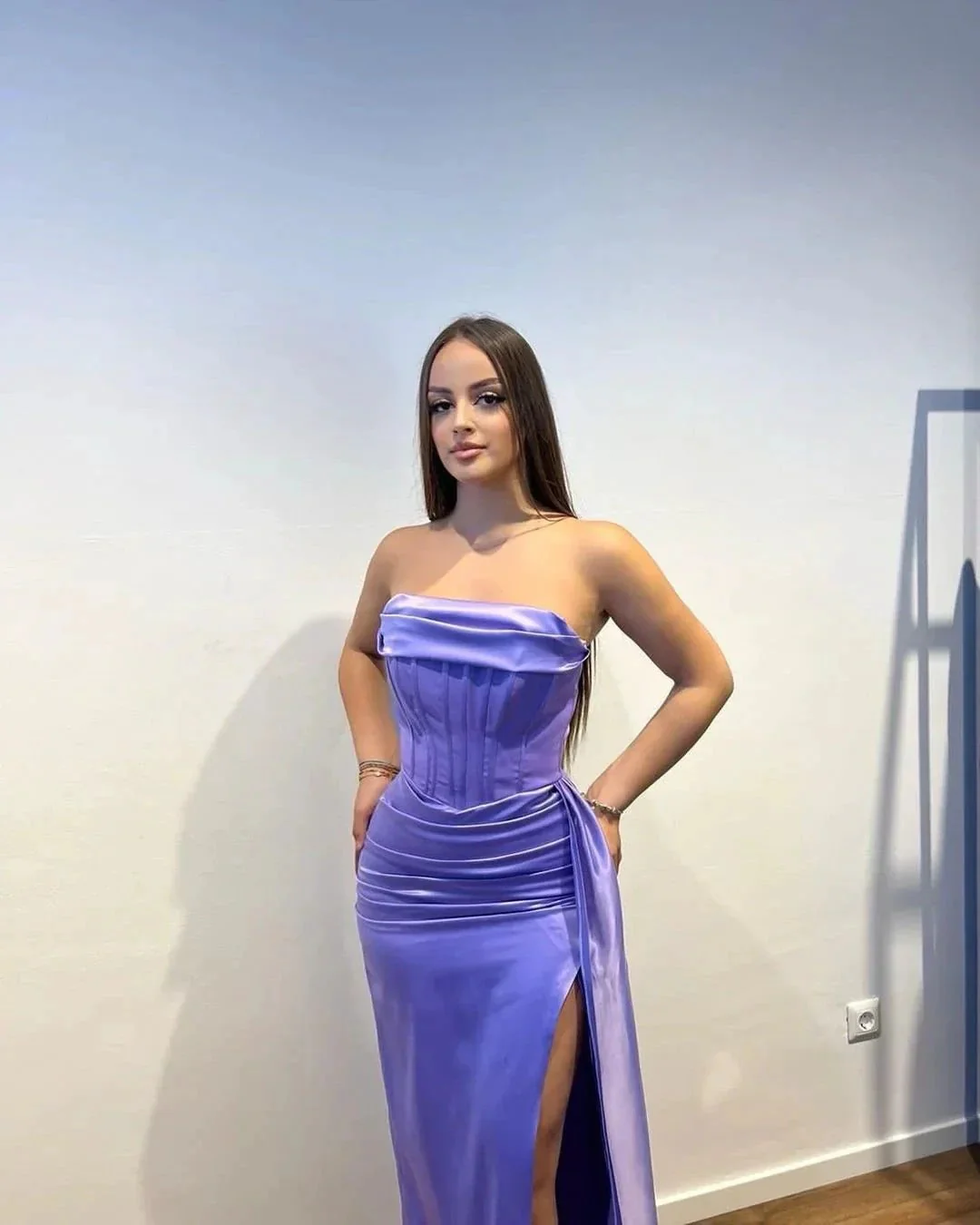 Charming Long Purple Strapless Satin Split Front Sleeveless Prom Dress With Ruffles - Image 2