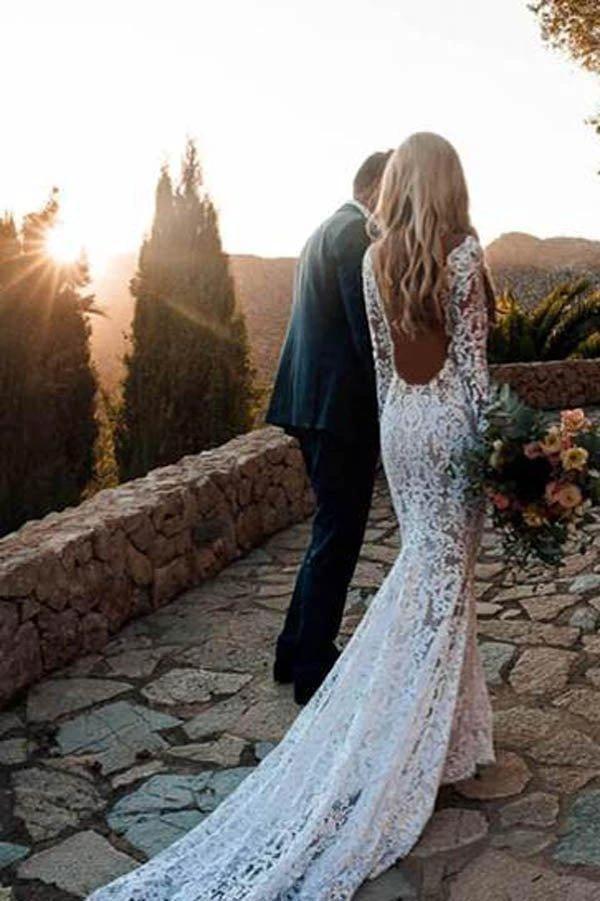 Charming Long Sleeve See Through Lace Rustic Mermaid Wedding Dress MW266 - Image 2
