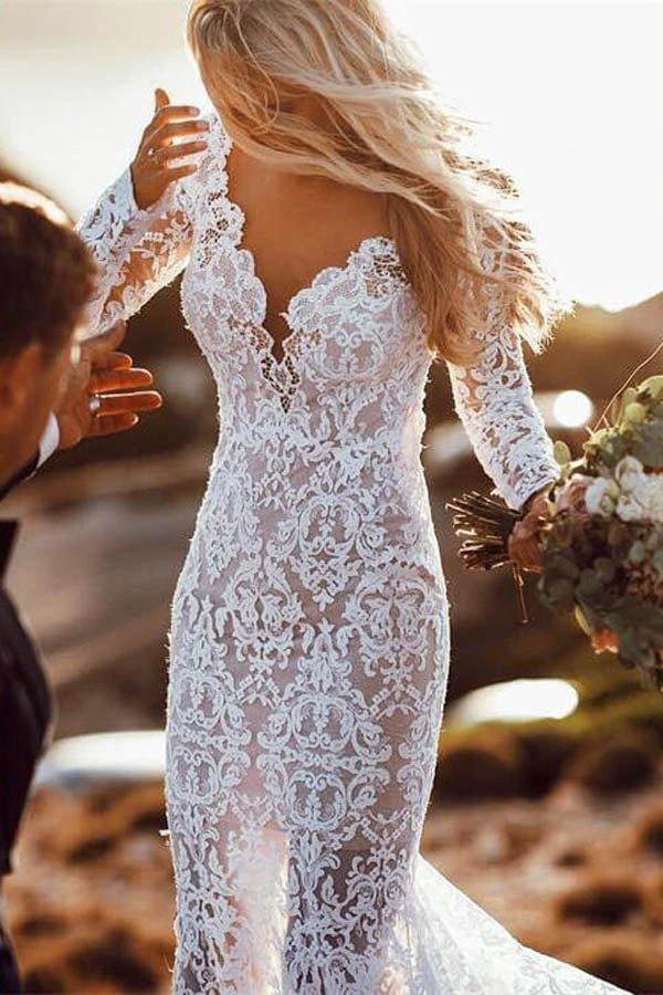 Charming Long Sleeve See Through Lace Rustic Mermaid Wedding Dress MW266 - Image 3