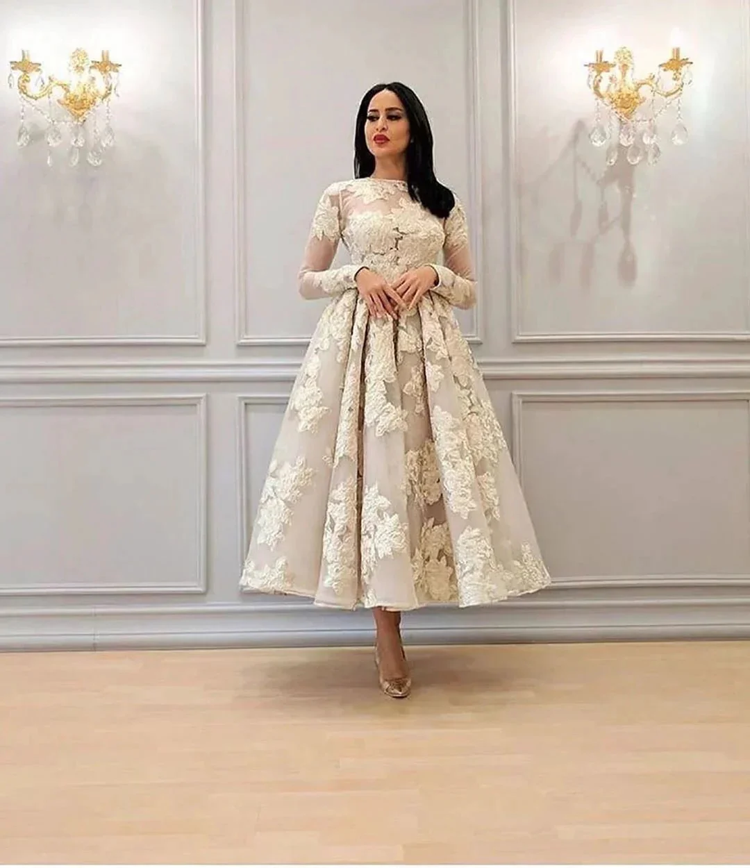 Charming Long Sleeves Floral A-line Evening Dress Ankle Length Party Dress - Image 2
