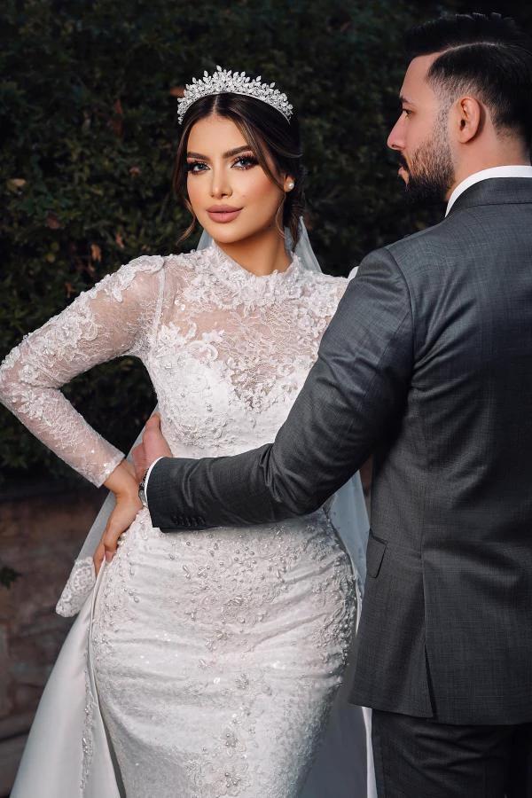 Charming Long Sleeves Mermaid High Neck Satin Lace Wedding Dress with Chapel Train - Image 2