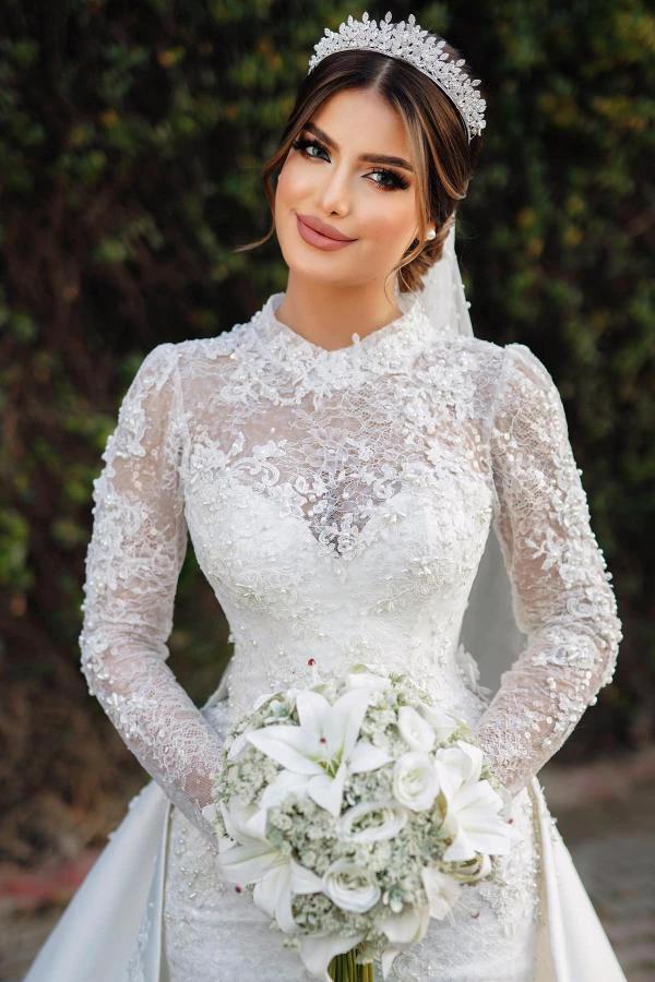 Charming Long Sleeves Mermaid High Neck Satin Lace Wedding Dress with Chapel Train - Image 3
