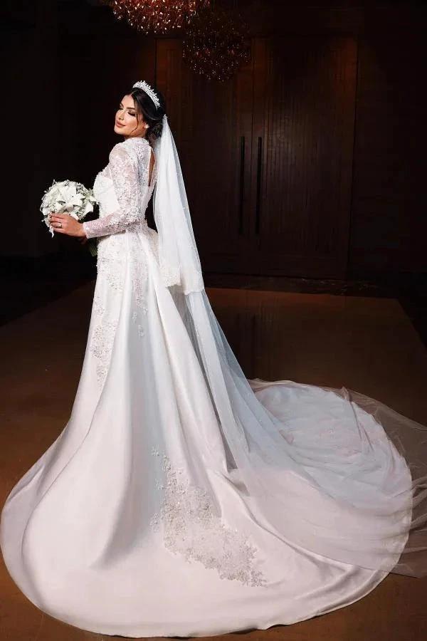 Charming Long Sleeves Mermaid High Neck Satin Lace Wedding Dress with Chapel Train - Image 5