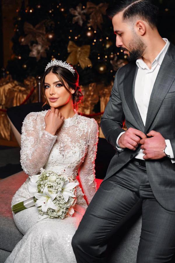 Charming Long Sleeves Mermaid High Neck Satin Lace Wedding Dress with Chapel Train - Image 7