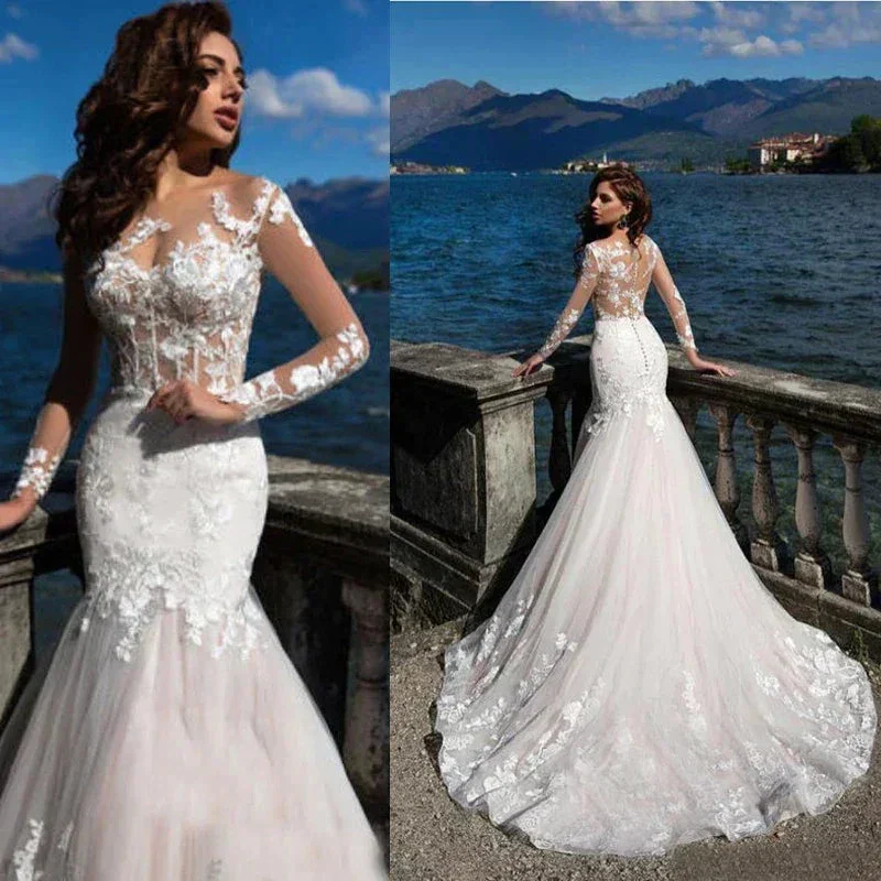 Charming Long Sleeves Mermaid Wedding Dresses 2024 Lace Applique Scoop Neck Bridal Gowns Sweep Train Vestidos De Novia Custom - Image 2