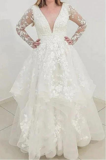 Charming Long Sleeves V-Neck Garden Lace A-Line Wedding Dress - Image 4