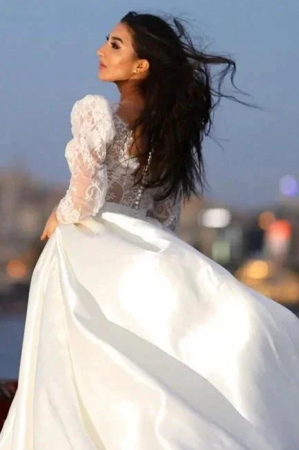 Charming Long Sleeves V-neck Satin Wedding Dress with Lace - Image 2