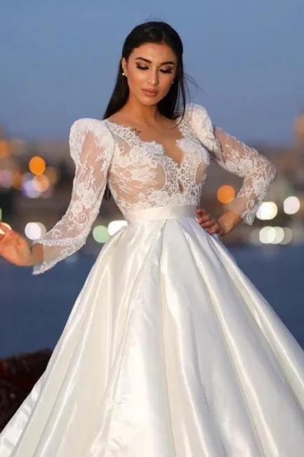 Charming Long Sleeves V-neck Satin Wedding Dress with Lace - Image 3
