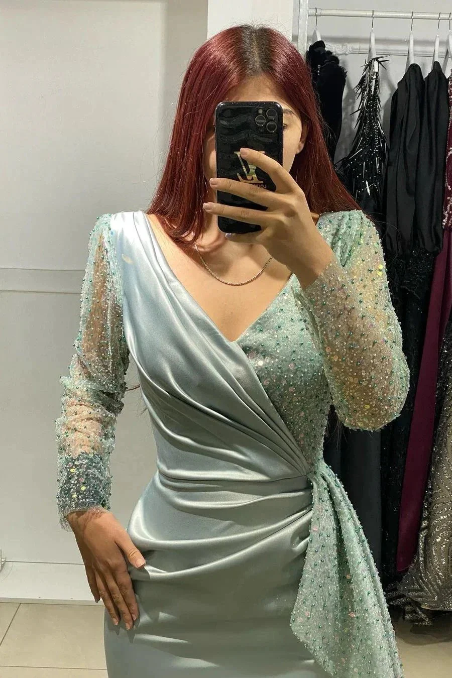 Charming Long V-Neck Long Sleeves Mermaid Prom Dress With Rhinestone - Image 2