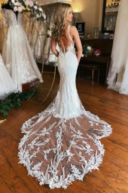 Charming Long V-neck Mermaid Sleeveless Wedding Dress With Lace - Image 2