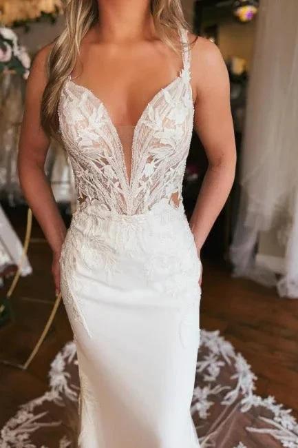 Charming Long V-neck Mermaid Sleeveless Wedding Dress With Lace - Image 3