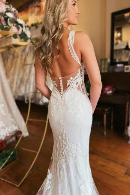 Charming Long V-neck Mermaid Sleeveless Wedding Dress With Lace - Image 4