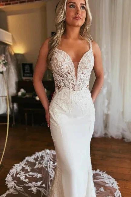 Charming Long V-neck Mermaid Sleeveless Wedding Dress With Lace - Image 5