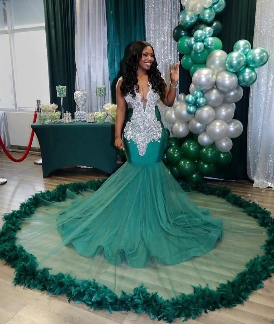 Charming Long V neck Sleeveless Tulle Beading Mermaid Prom Dress - Image 2