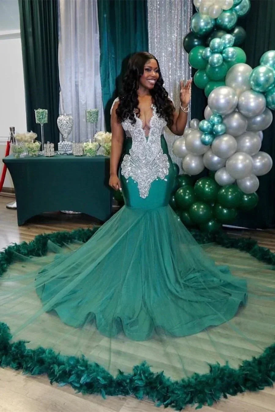 Charming Long V neck Sleeveless Tulle Beading Mermaid Prom Dress - Image 3