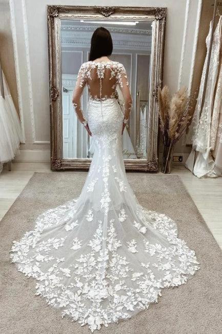 Charming Long White Mermaid Lace Wedding Dresses with Long Sleeves - Image 2