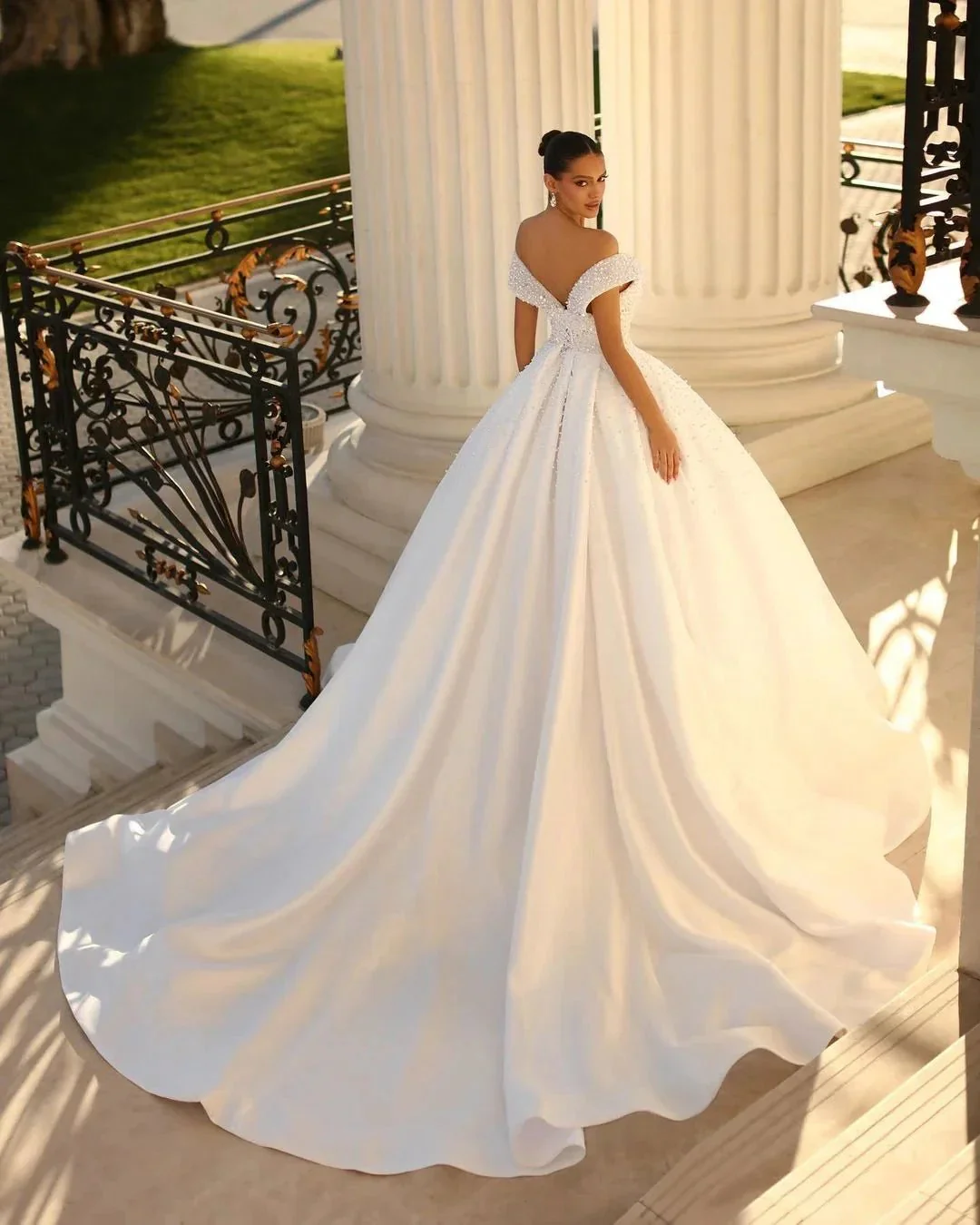 Charming Long White Off-the-shoulder A-line Sequined Wedding Dress With Pearls - Image 2